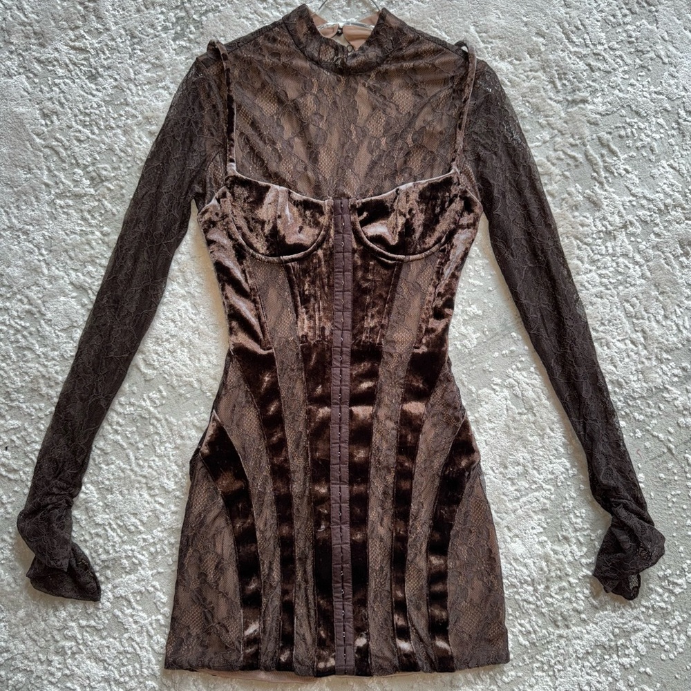 House of CB BROWN VELVET & LACE CORSET DRESS size Small